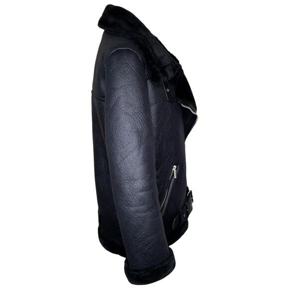 Zara Black Faux Leather Faux Fur Collar Shearling Belted Moto Motorcyle Jacket - Picture 5 of 16